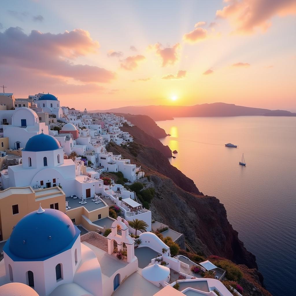 Idyllic Santorini, Greece sunset: iconic white buildings, blue domes, Aegean Sea, perfect dream vacation spot.