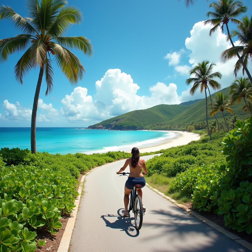 Scenic coastal bike ride in Vietnam, person enjoying freedom and relaxation on summer vacation.