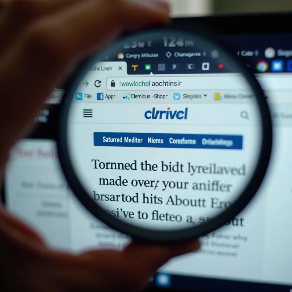 Close-up of a hand holding a magnifying glass over a website's author section to scrutinize credentials and potential bias for online information evaluation.