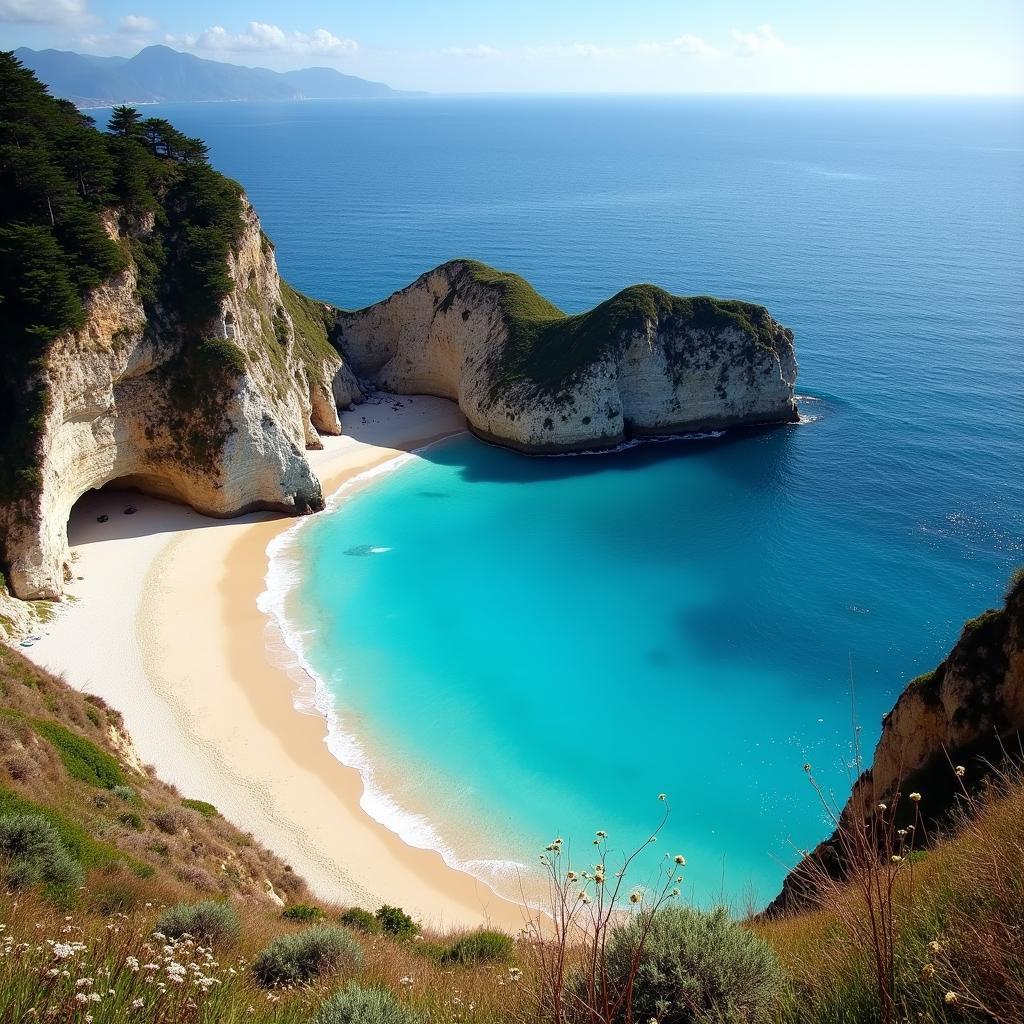 Secluded coastal cove with towering cliffs, pristine crescent beach, azure waters; a perfect IELTS sanctuary.