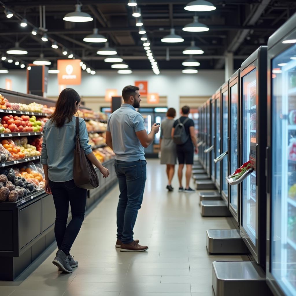 Customers using self-service checkout kiosks in a modern supermarket, highlighting automation replacing traditional cashier roles