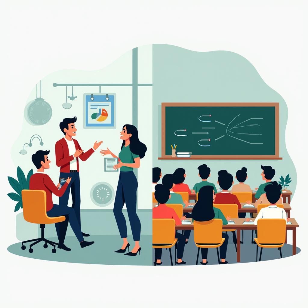 A visual comparison of dynamic seminar learning environment versus a structured traditional classroom setting.