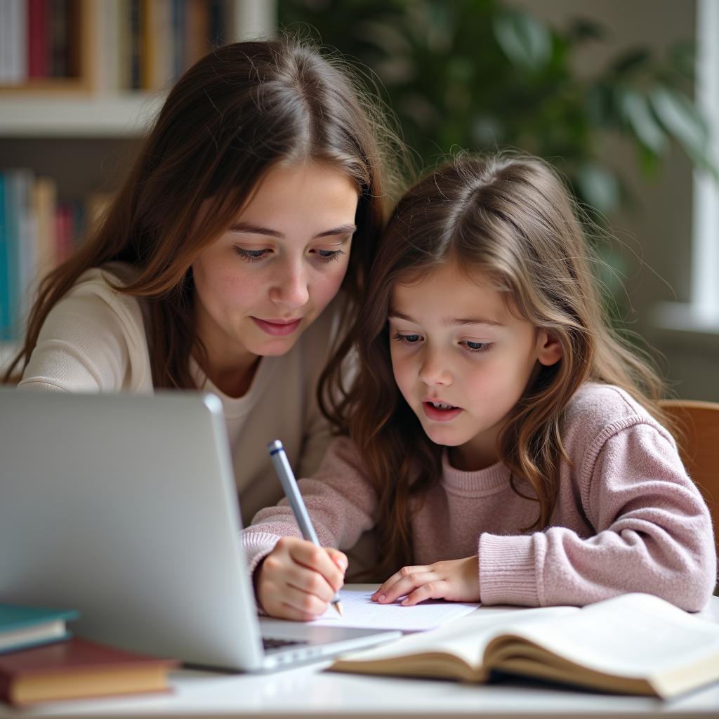 Older sibling mentoring younger sister with study plan and application for a university scholarship, celebrating goal achievement.
