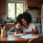 Single parent helping child with homework while managing household tasks