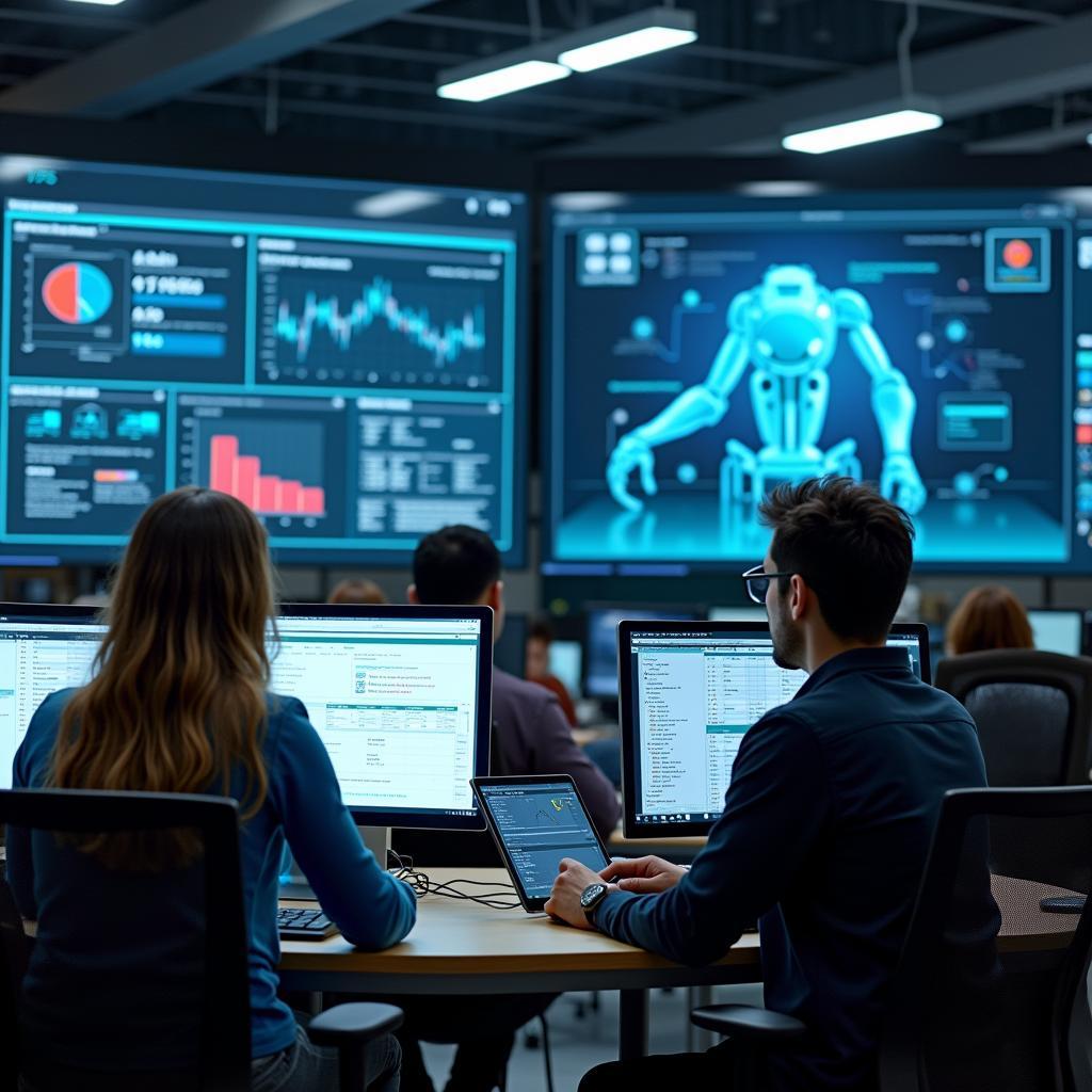 Diverse team of skilled technicians and programmers monitoring and maintaining robotic automation systems in a service hub