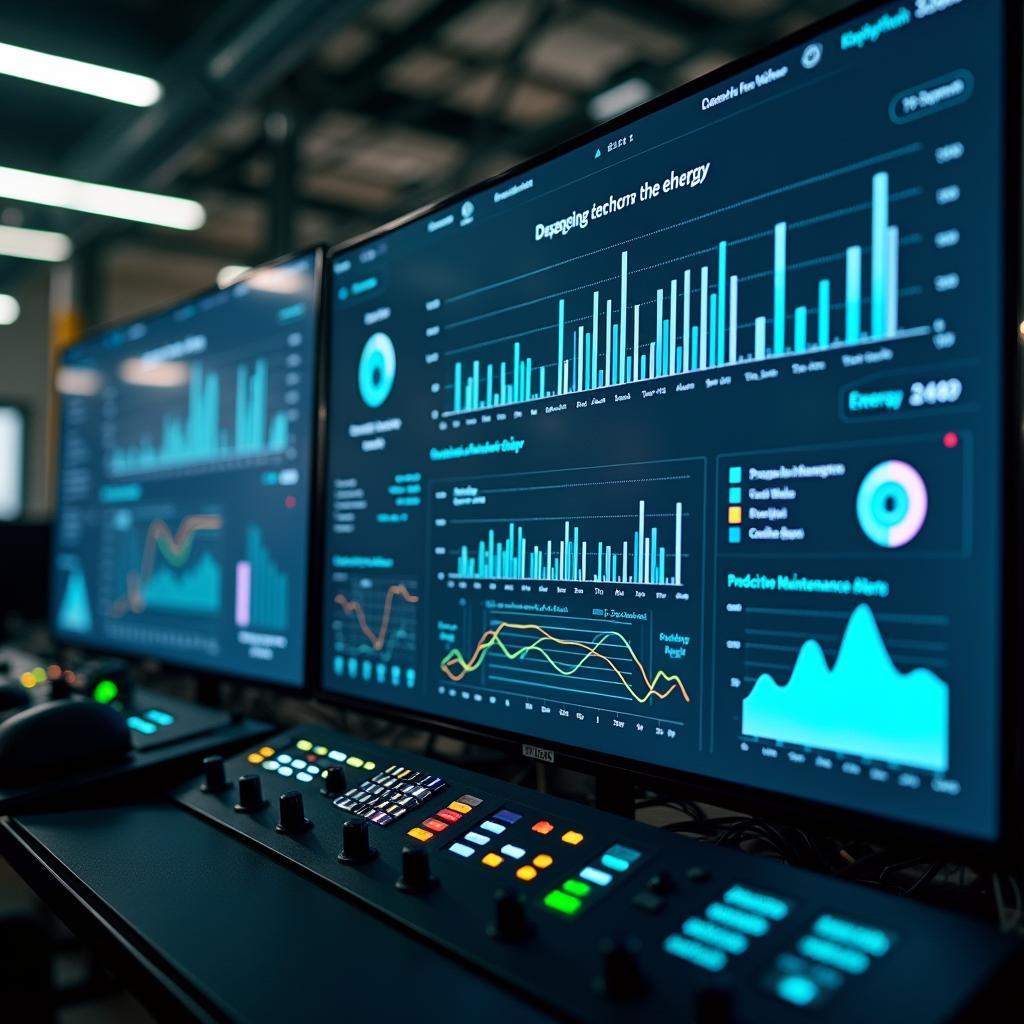 Smart factory control room dashboard displaying AI-driven energy optimization data and predictive maintenance alerts.