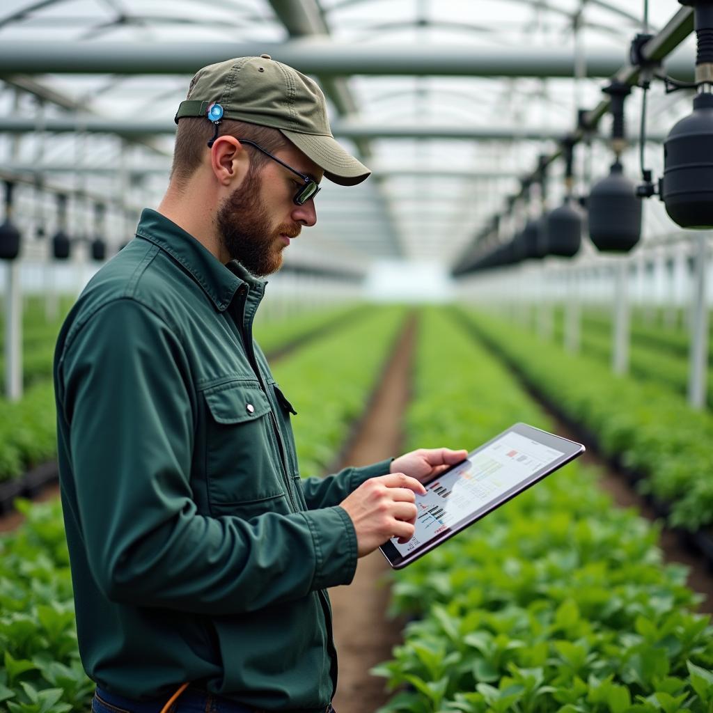Farmer using digital tablet for crop management