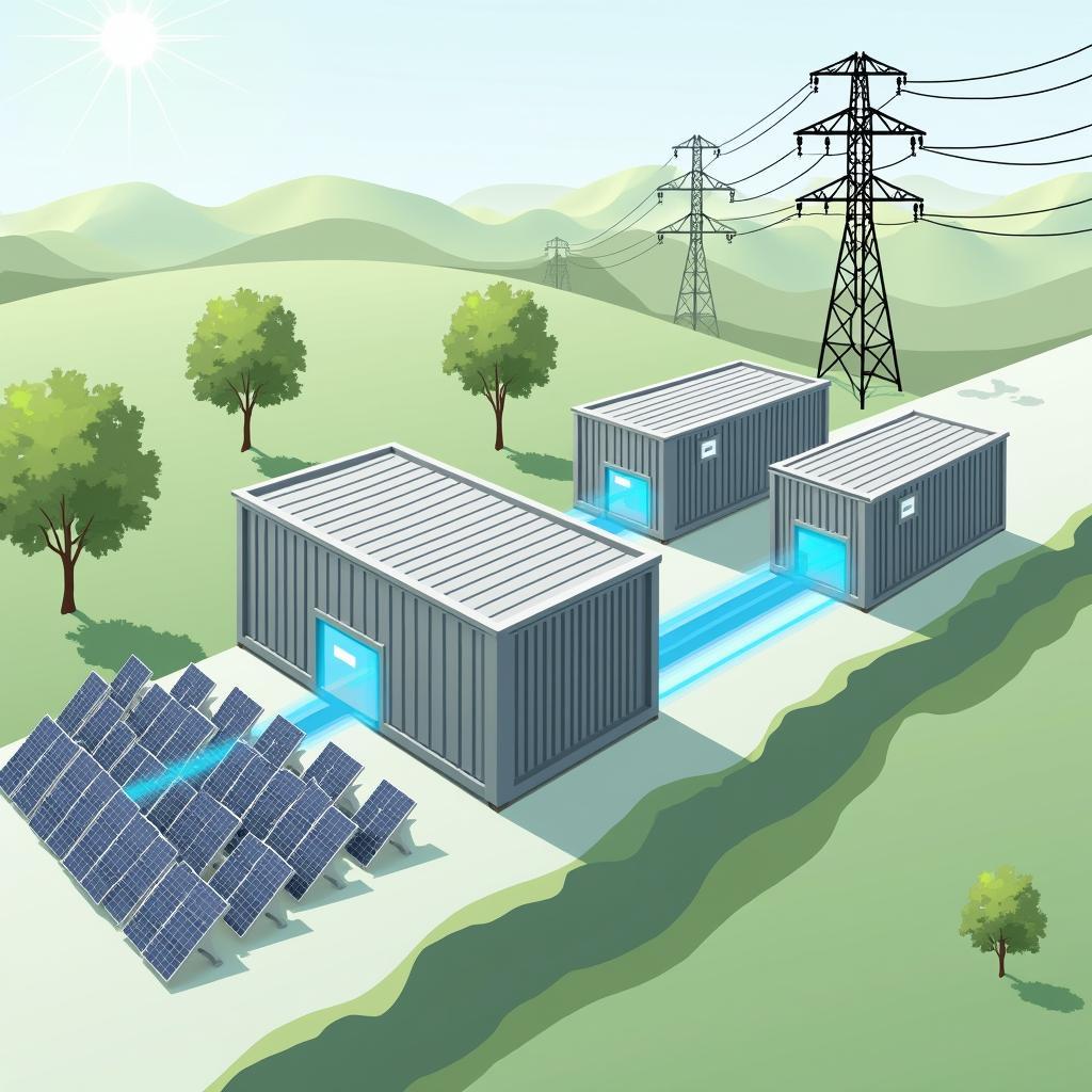 Utility-scale battery energy storage systems integrated with a smart grid, connected to renewable energy sources like a solar farm