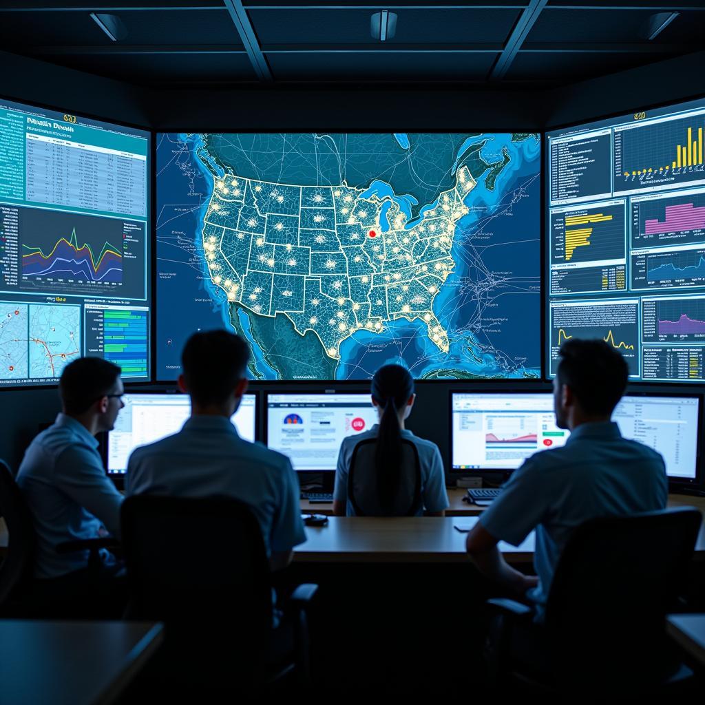 Modern smart grid control room with technicians monitoring digital displays showing real-time grid status and automated fault detection systems