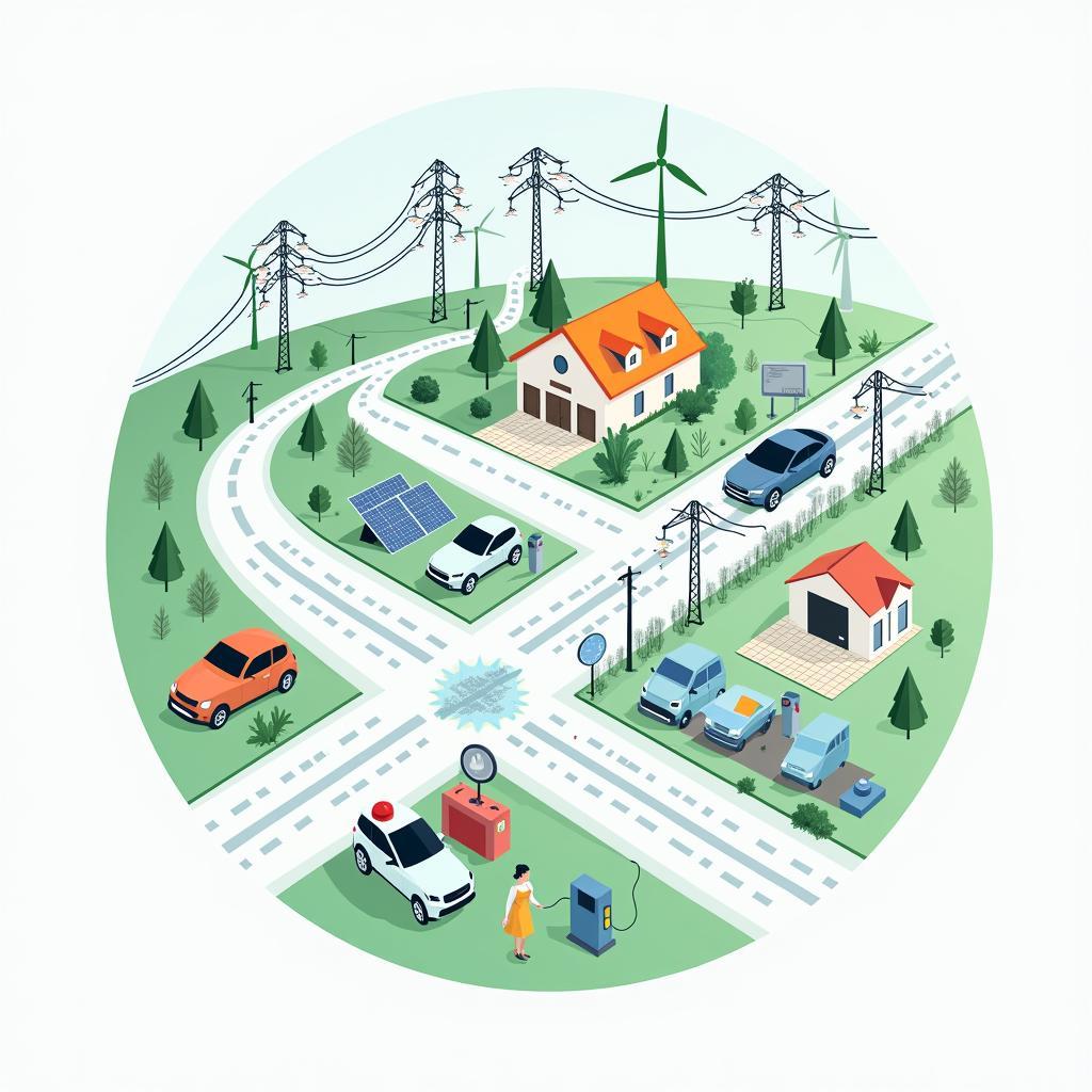 Smart grid diagram: EV integration, renewable energy sources, advanced communication for efficient power distribution.