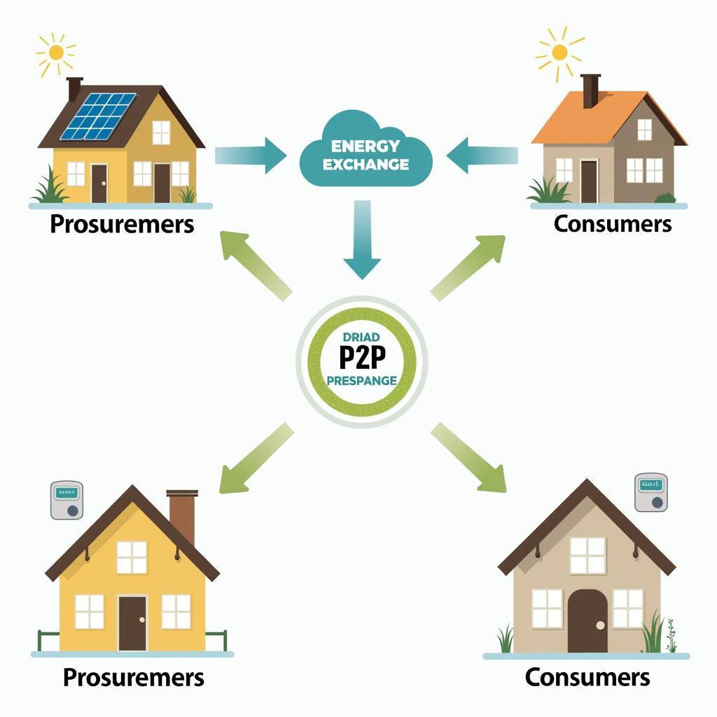 Diagram illustrating peer-to-peer (P2P) energy trading within a smart grid community, with prosumers selling excess solar energy to neighbors