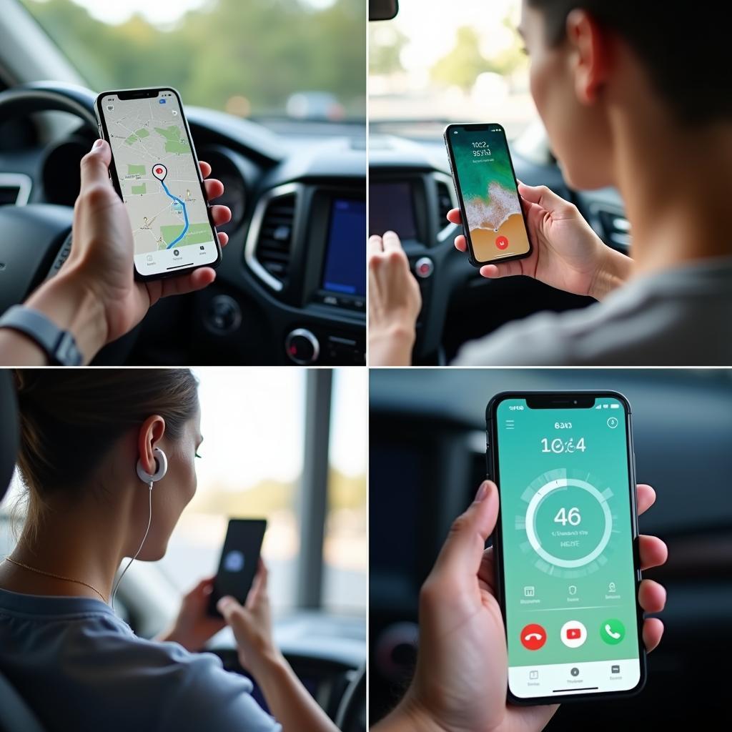 Smartphone multitasking for daily life: navigation, communication, entertainment, and health tracking in various settings.