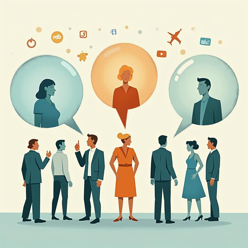 Stylized figures inside separate, colored information bubbles, illustrating social media echo chambers and content polarization.