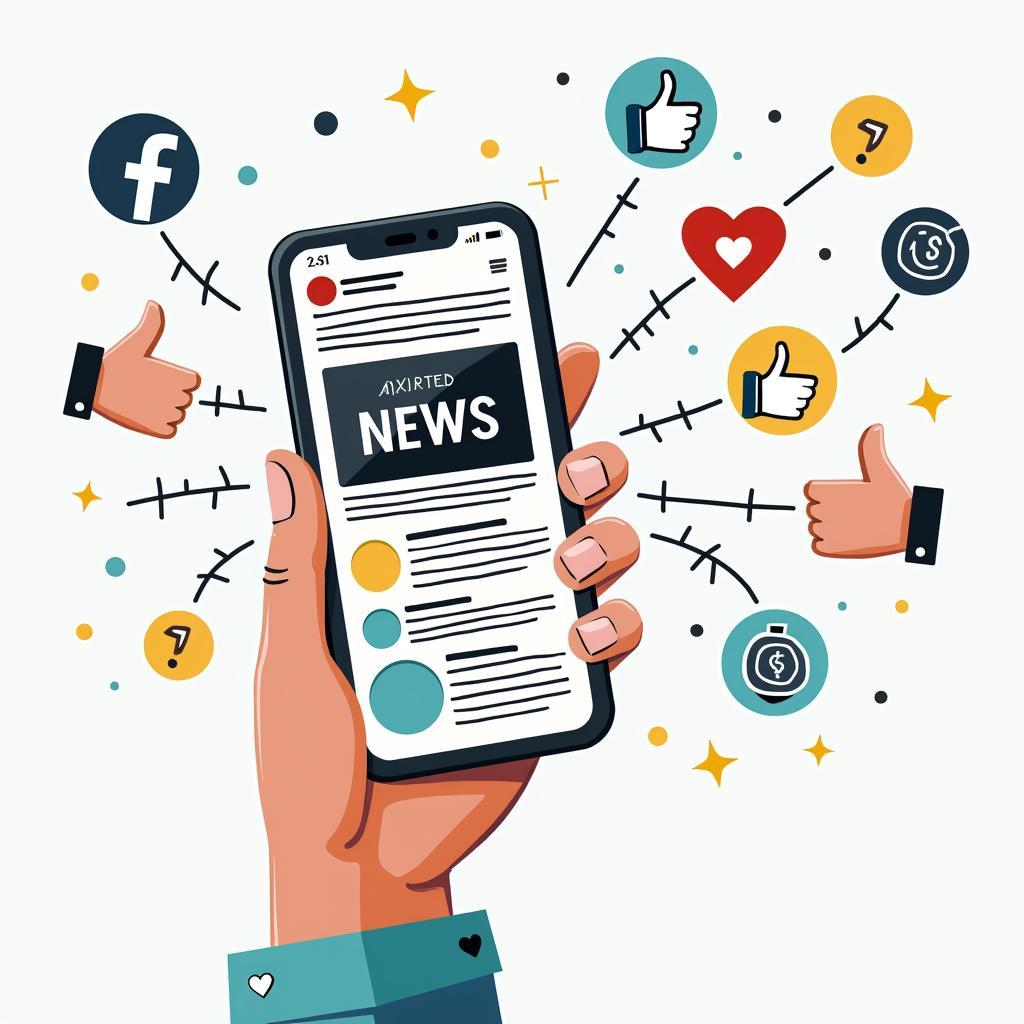 Stylized illustration of social media misinformation spread with smartphone and icons