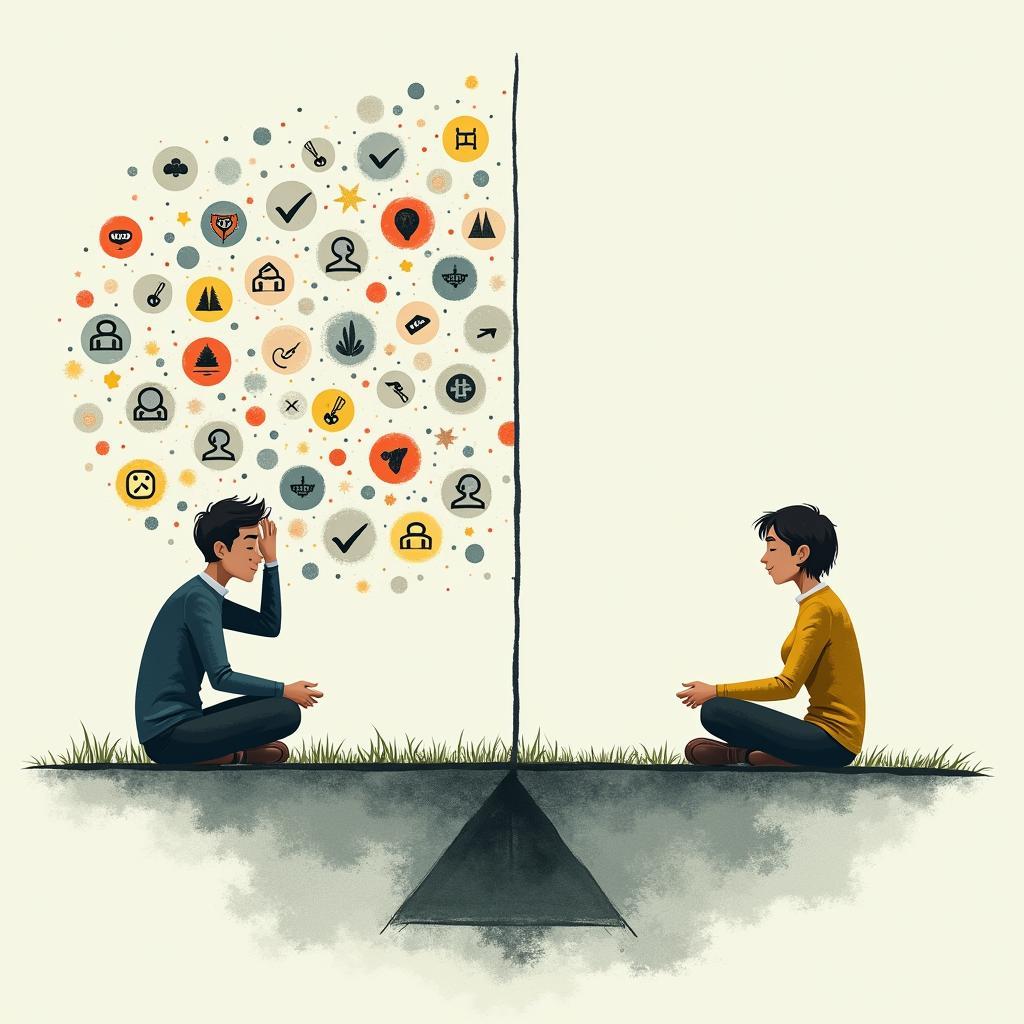 Illustration of balancing societal pressure for achievement with personal wellbeing and contentment in modern life.