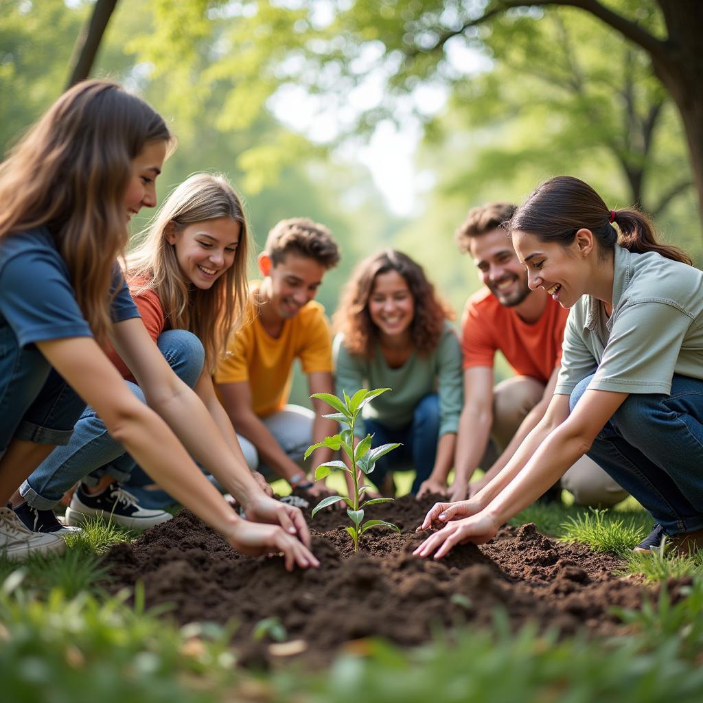 Diverse community volunteers in park cleanup, showing societal support helping individuals overcome significant challenges.