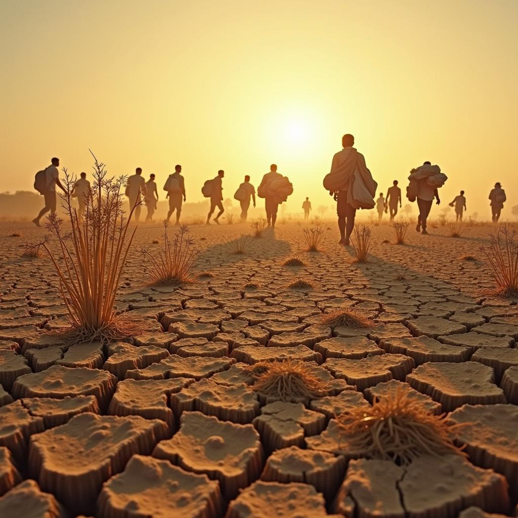 Socioeconomic climate change impacts: parched land, food scarcity, and distressed displaced populations seeking refuge.