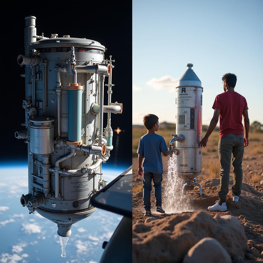 Water purification system inspired by International Space Station technology being used in a developing community on Earth.