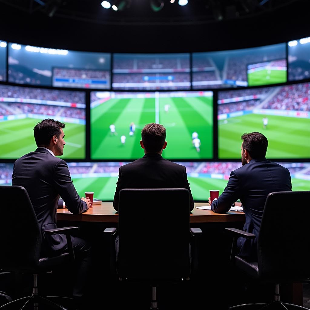 Multiple sports commentators in modern studio broadcasting live event on screens