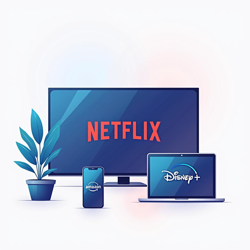 Netflix, Amazon Prime, Disney+ logos on TV, laptop, smartphone, showcasing accessible on-demand streaming content.