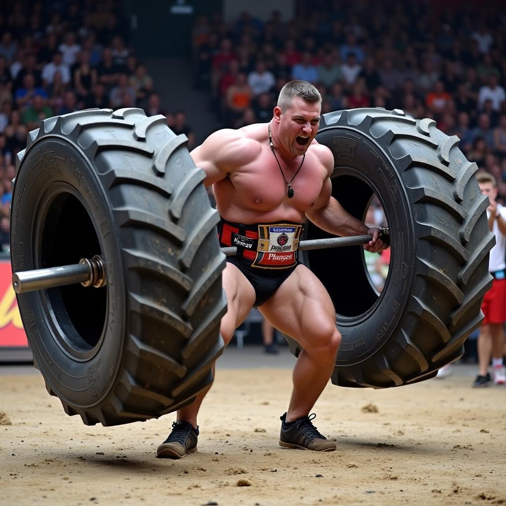 Strongman competitor engaged in a tire flip challenge during a strength competition event