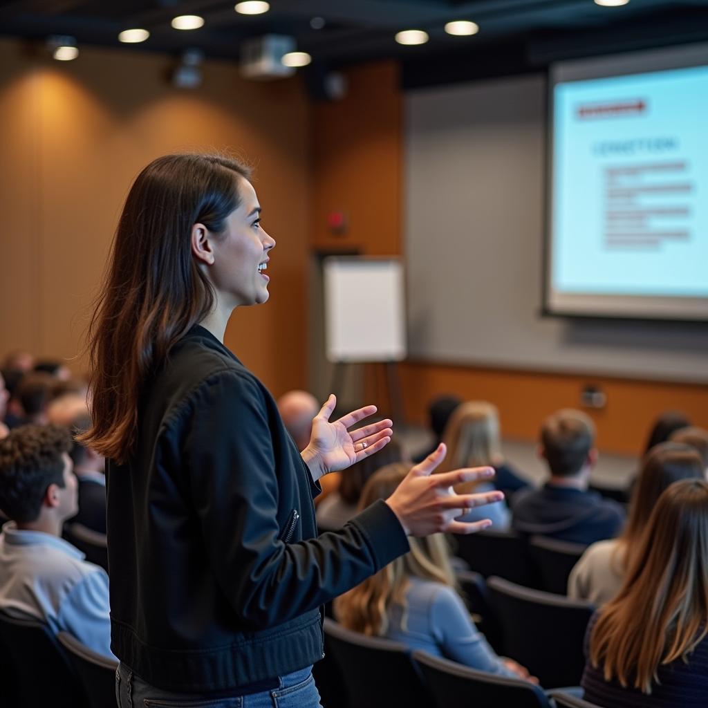 IELTS candidate successfully overcomes fear of public speaking delivering a university presentation with confidence.