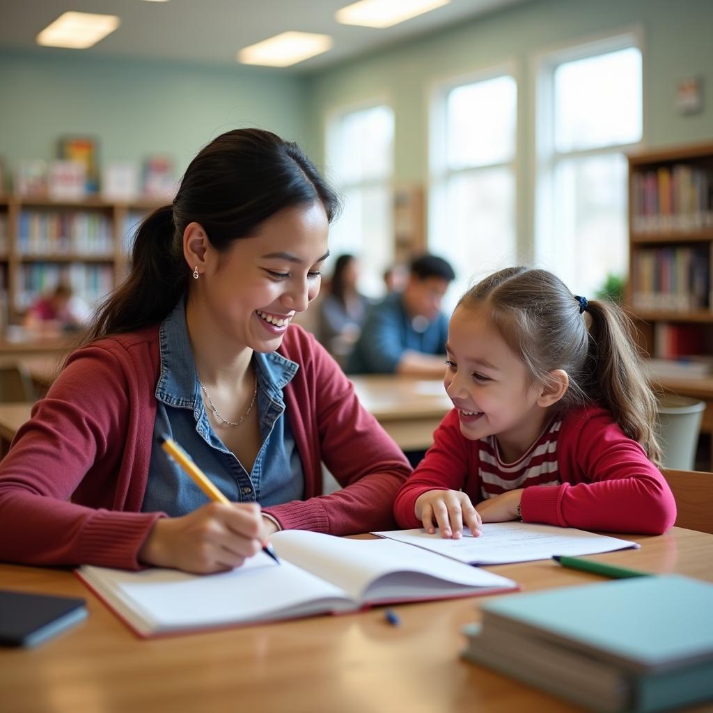Young volunteer student assisting another student with homework in a community center, demonstrating helping others achieve goals.