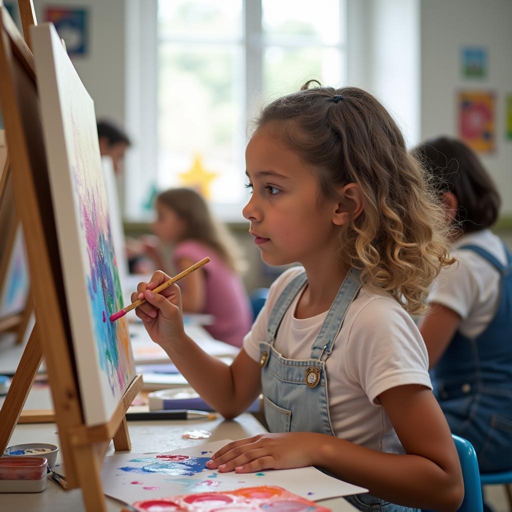 Young student focused on painting colorful artwork on canvas in inspiring art class.