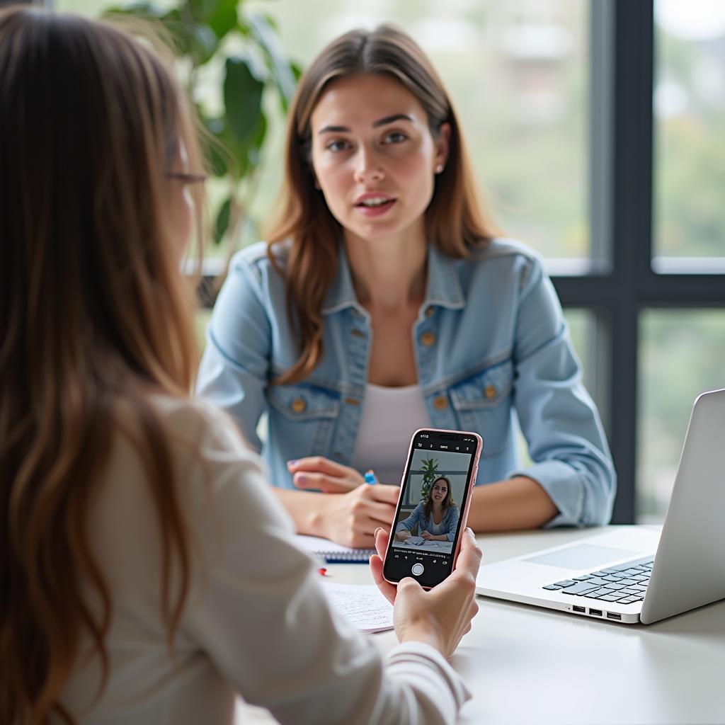 Student diligently practicing IELTS speaking skills by recording themselves with a smartphone or laptop for exam preparation and self-assessment.