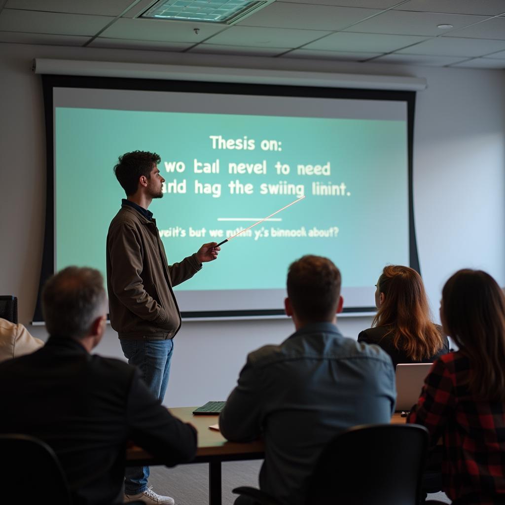 Student presenting thesis to professors panel during stressful university defense, IELTS speaking pressure example.