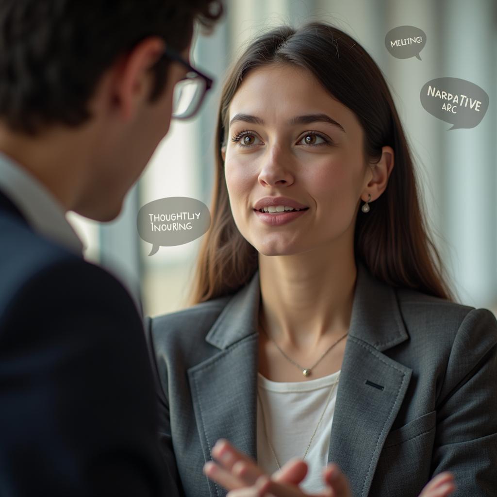 Student confidently using sophisticated literary vocabulary like 'narrative arc' and 'thought-provoking' during an IELTS speaking practice session.