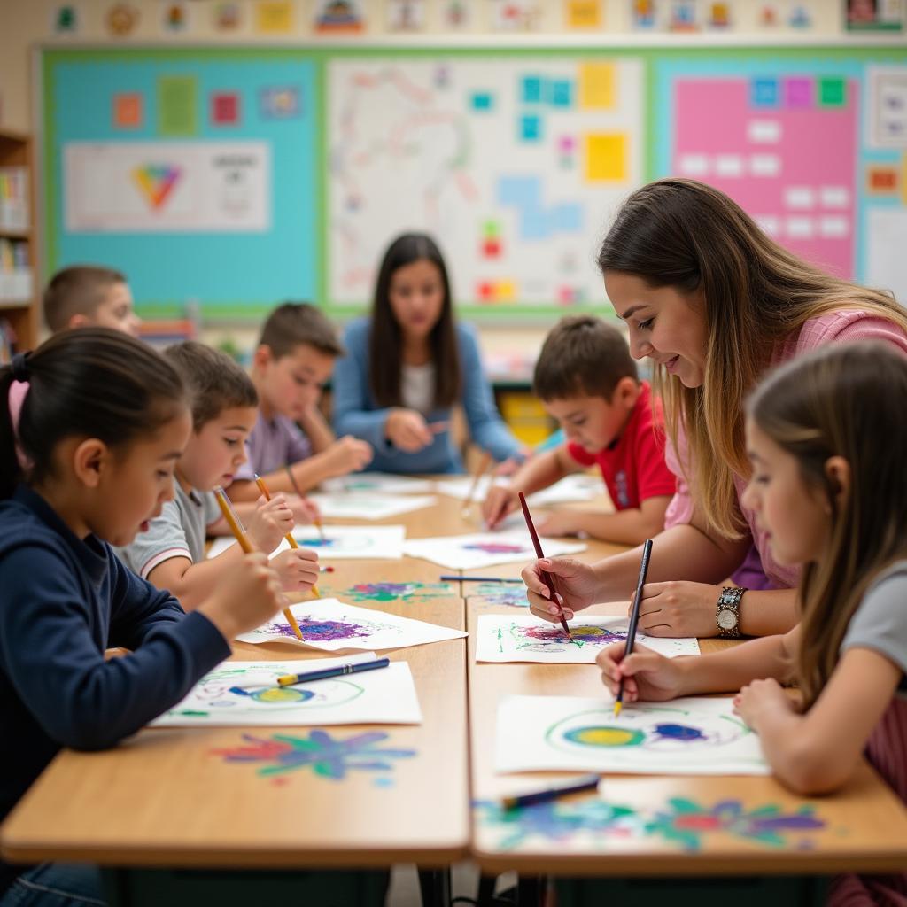 Young students engaged in a creative art class, painting and drawing, showcasing the benefits of art education in schools.
