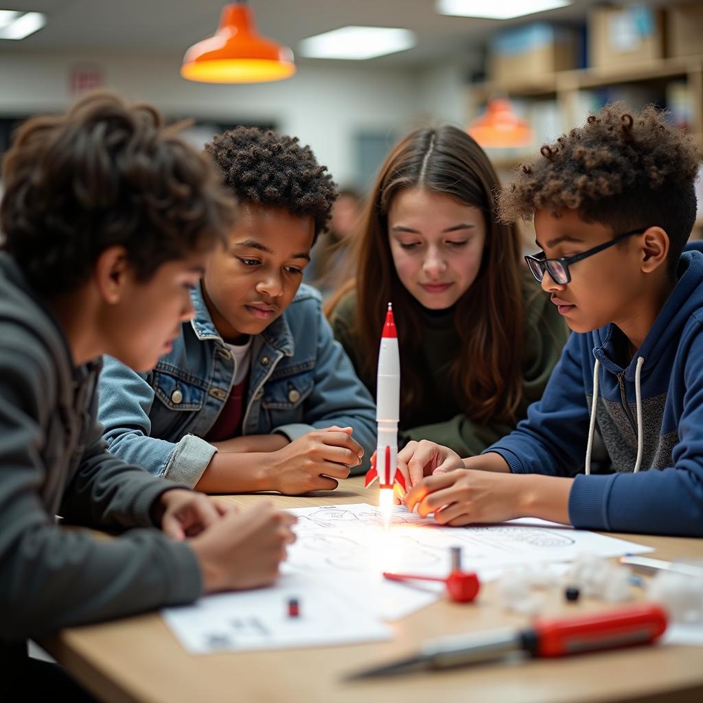 Students build model rocket in STEM workshop, engaging in hands-on learning inspired by space missions.