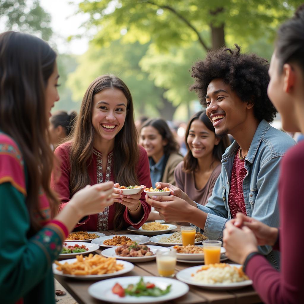 International students from diverse backgrounds sharing cultural experiences and food at a university event, fostering cross-cultural understanding.