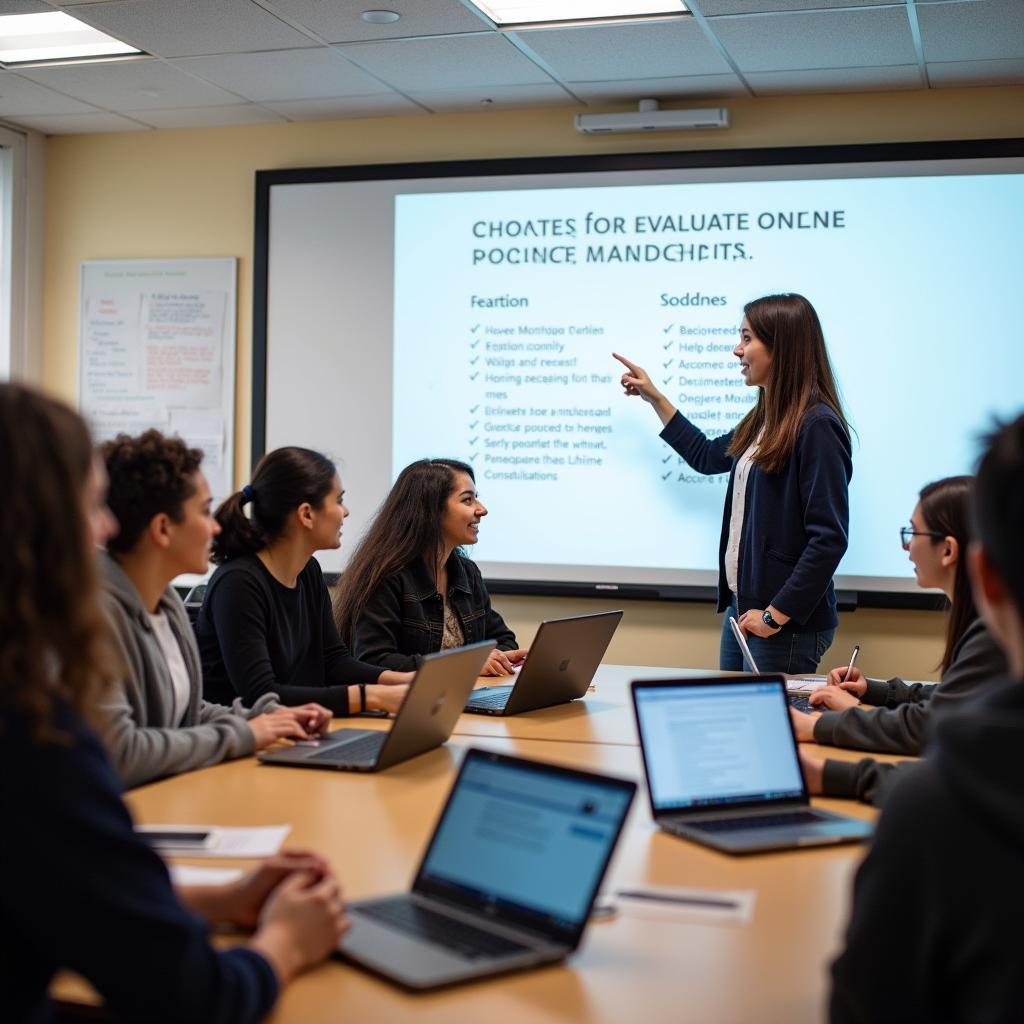 Students in a modern classroom engaging with digital tools for critical thinking education, learning to assess online source credibility.