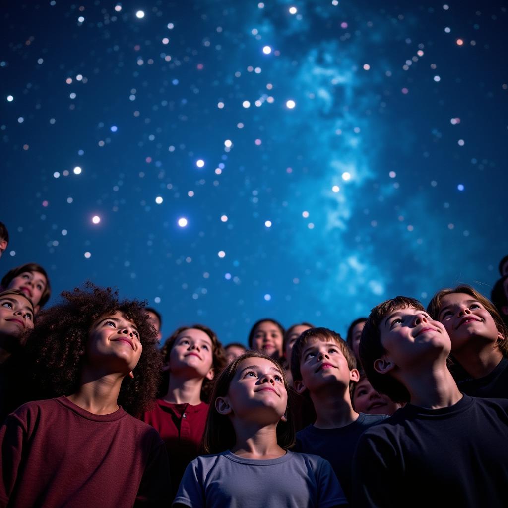 Young students gaze at starry sky projection, sparking curiosity for space exploration and STEM learning.