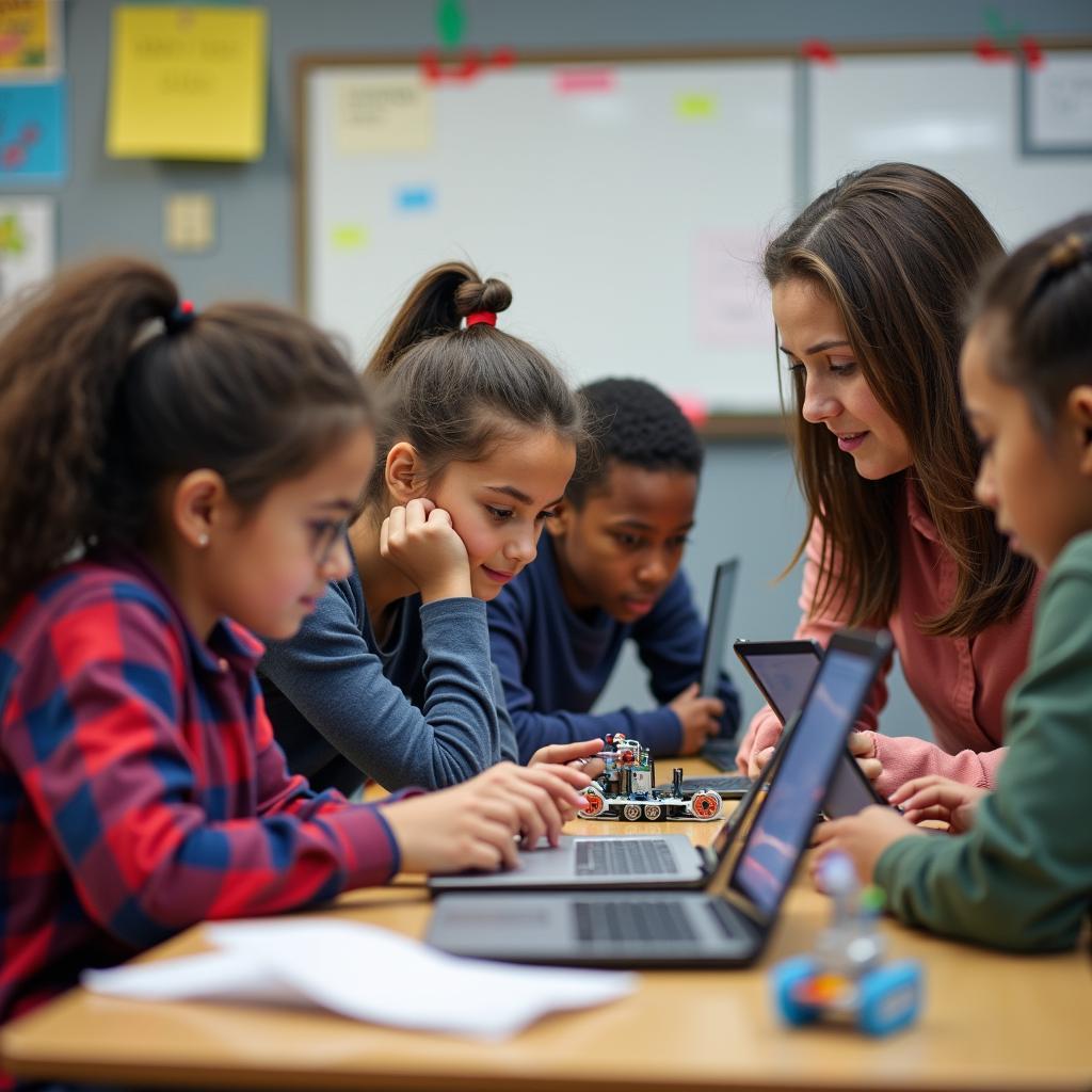 Diverse young students in tech class learning coding, robotics in modern classroom.