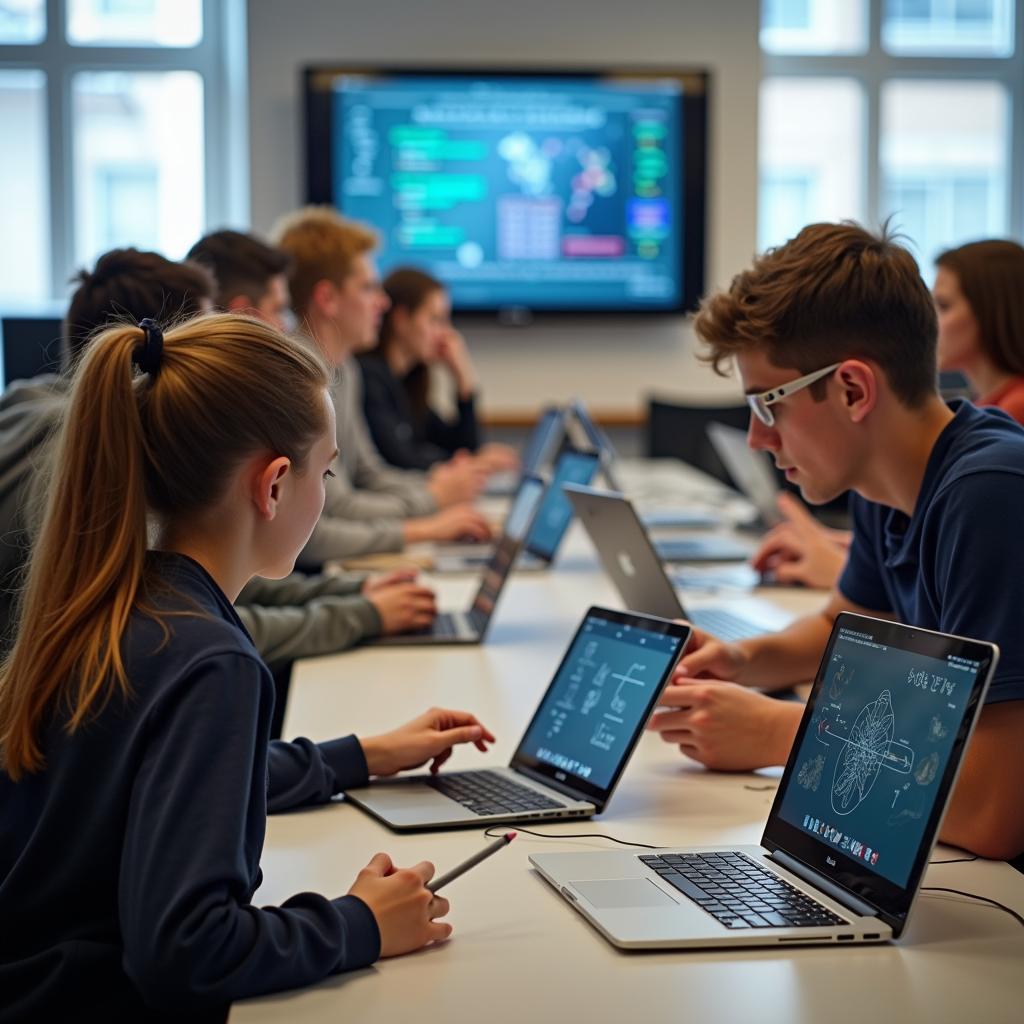 Students engage with modern technology tablets for interactive learning in a bright classroom setting.