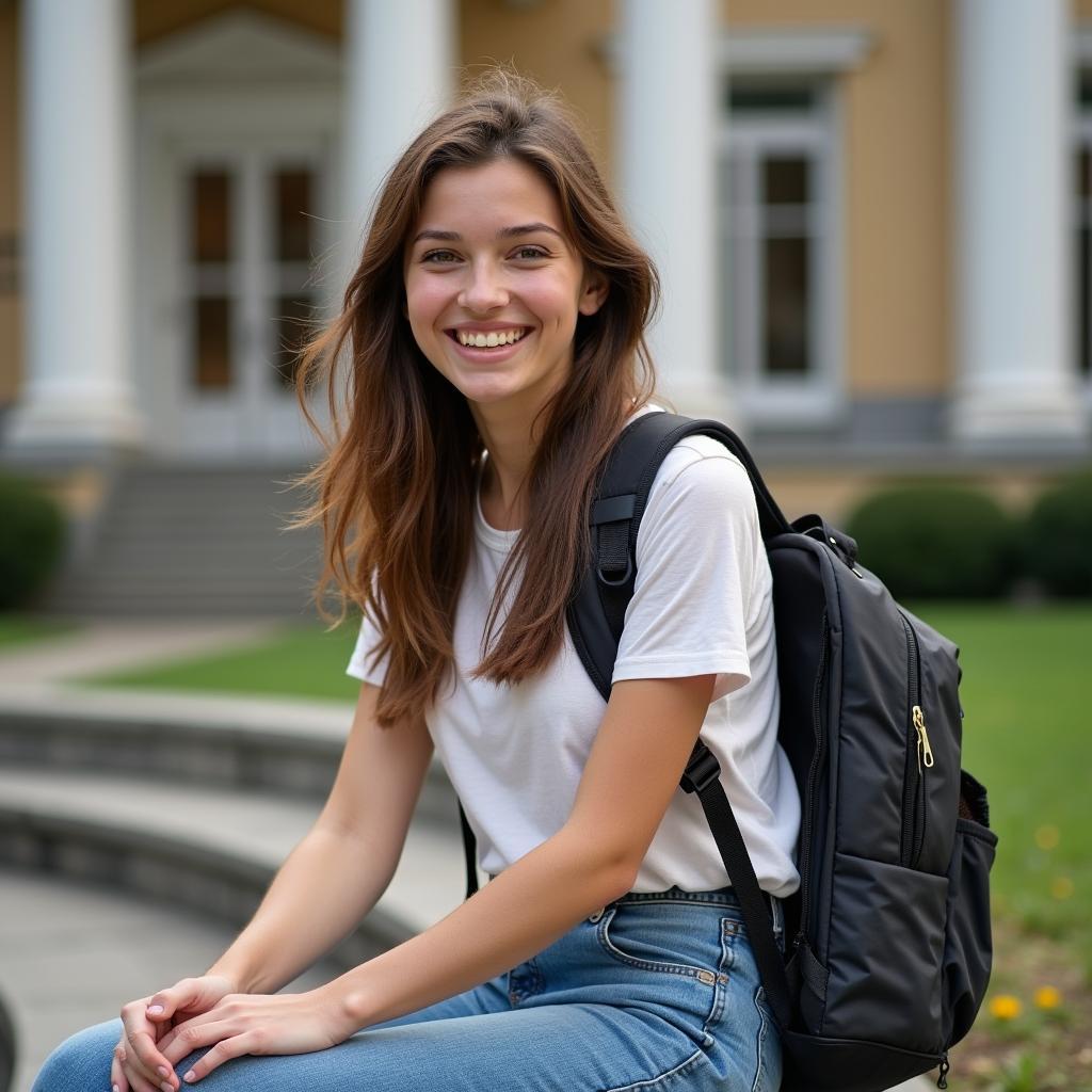 International student studying abroad with backpack on university bench smiling at camera for photo