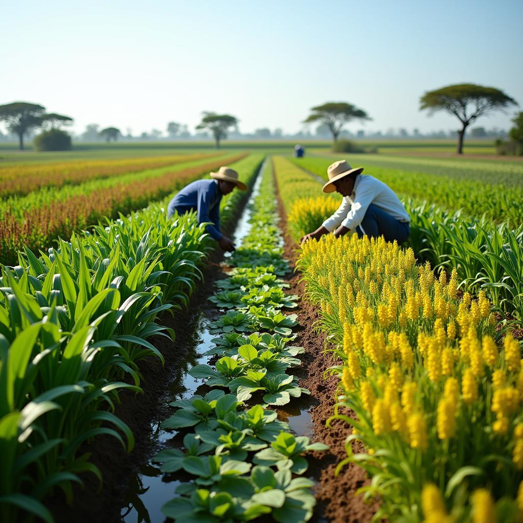 Vibrant field with sustainable farming, diverse climate-resilient crops ensuring food security against climate change.