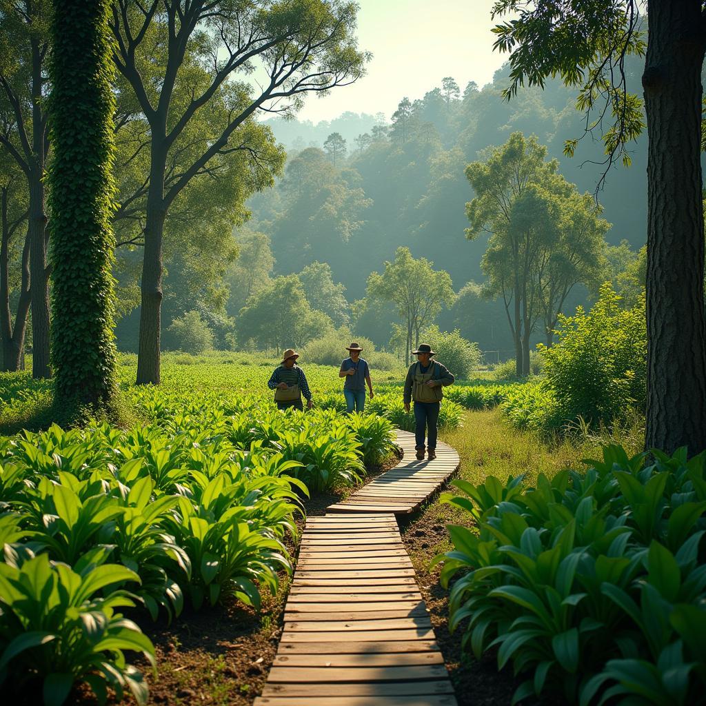 Lush agroforestry system with diverse crops, trees, showcasing sustainable land use and forest preservation.