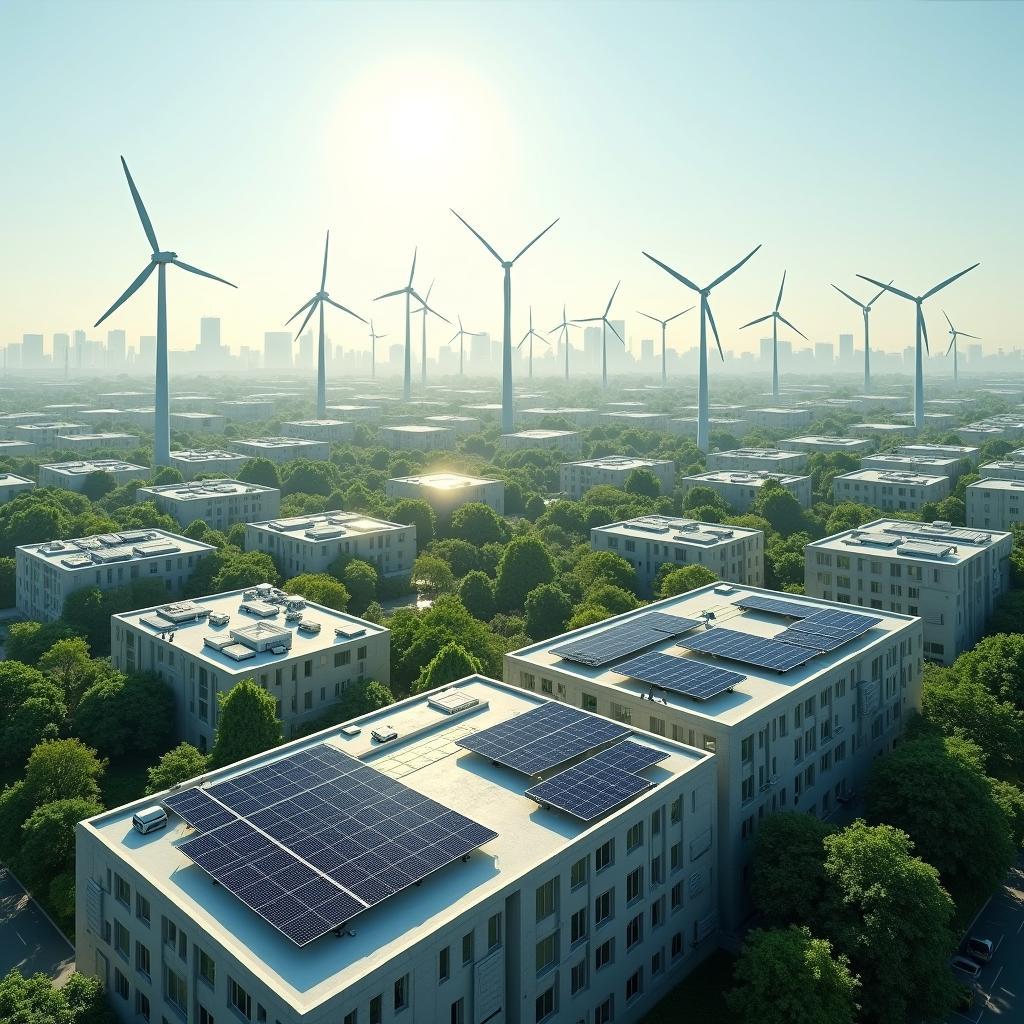 Modern cityscape integrating green technologies like solar panels on rooftops and wind turbines in the distance, symbolizing sustainable development.