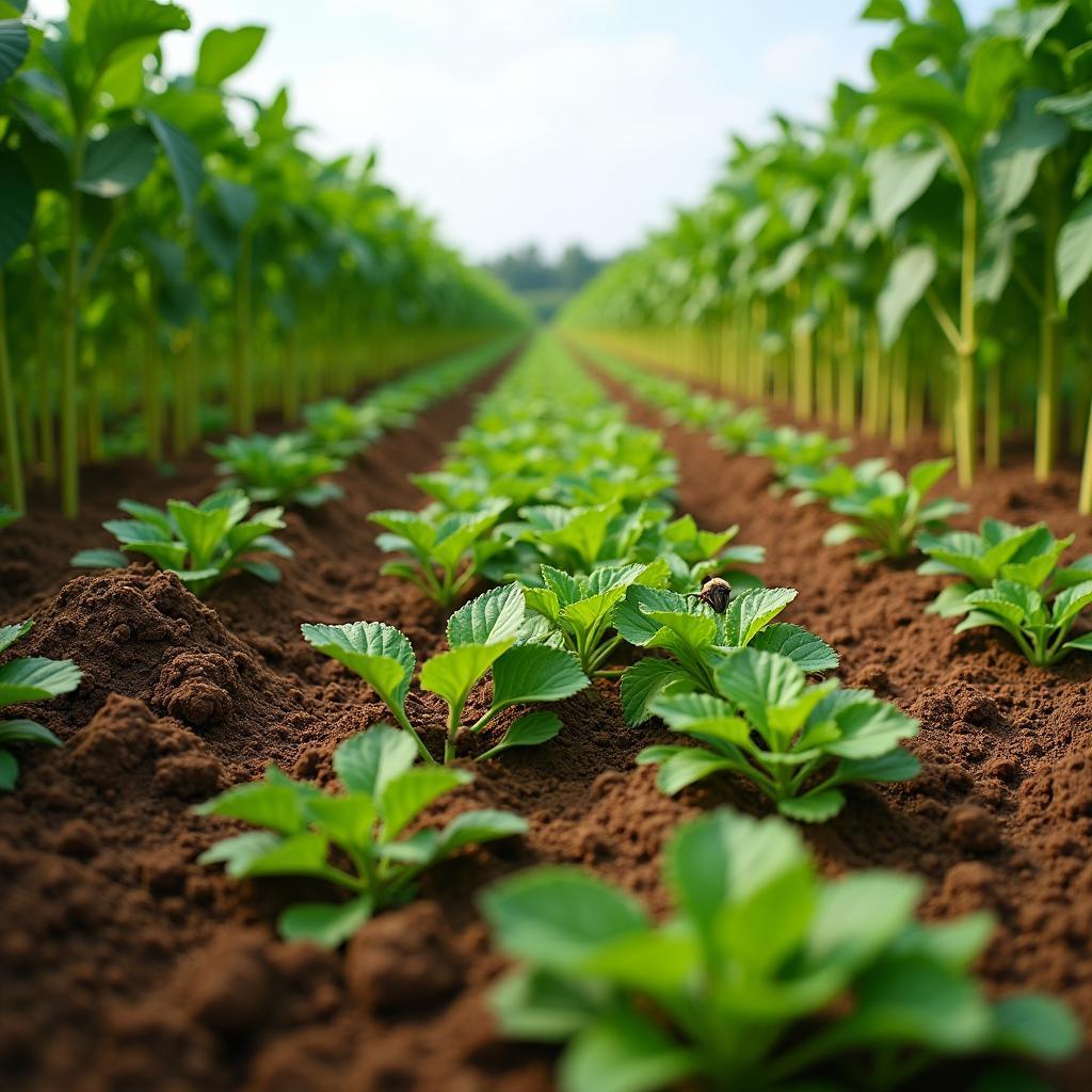 Vibrant farm with sustainable methods like intercropping cover crops promoting soil health biodiversity