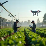 Modern sustainable farming technologies including automated irrigation systems and drone monitoring