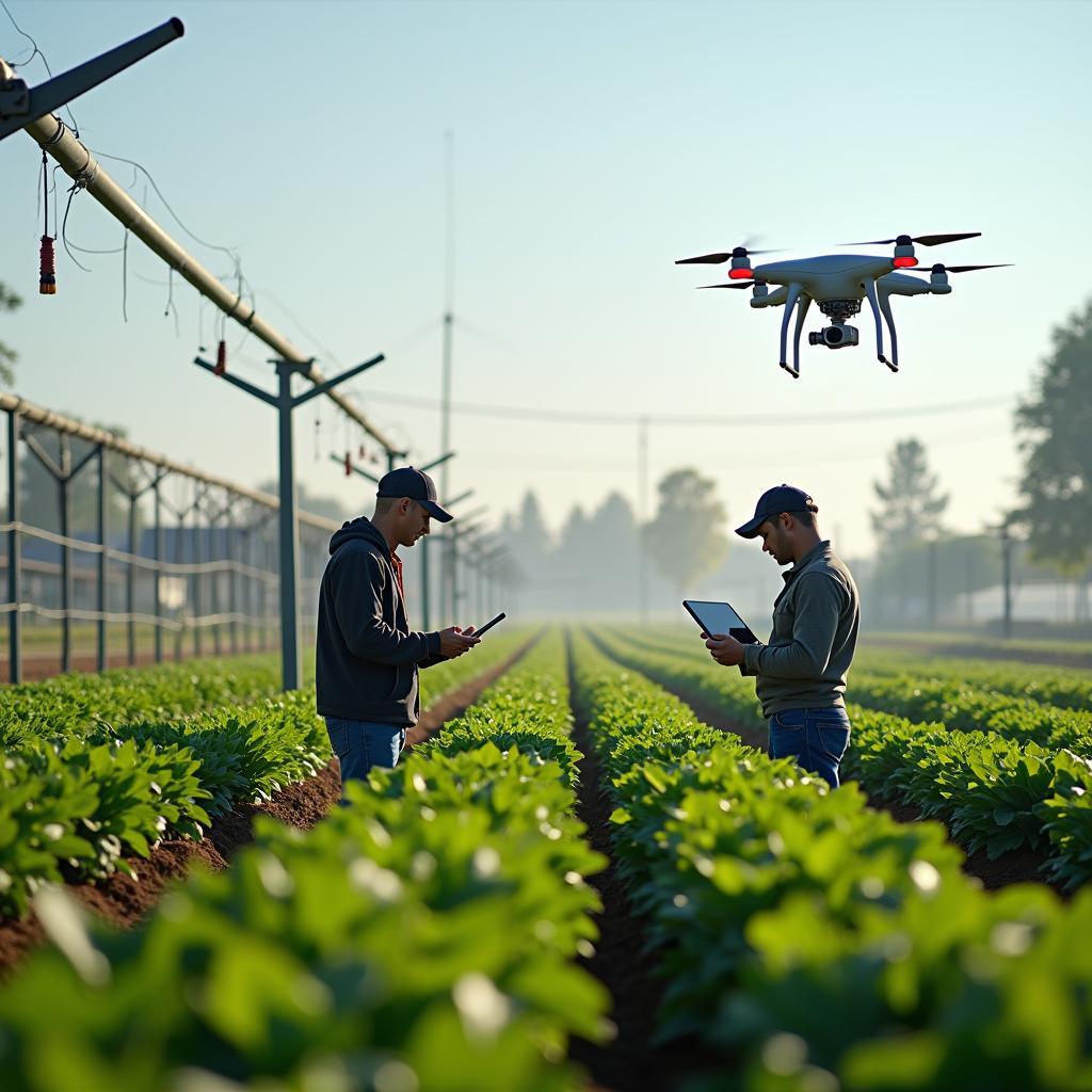Modern sustainable farming technologies including automated irrigation systems and drone monitoring