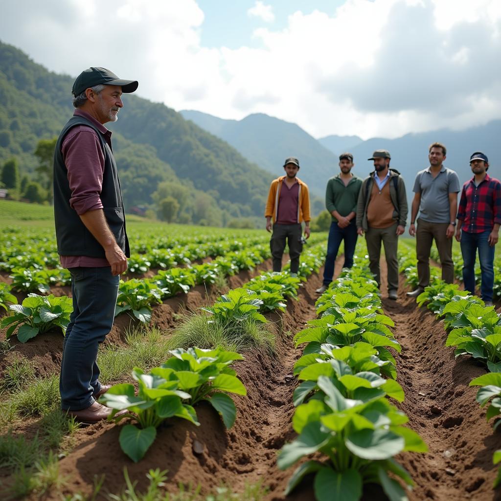 Local guide explaining traditional farming methods to tourists