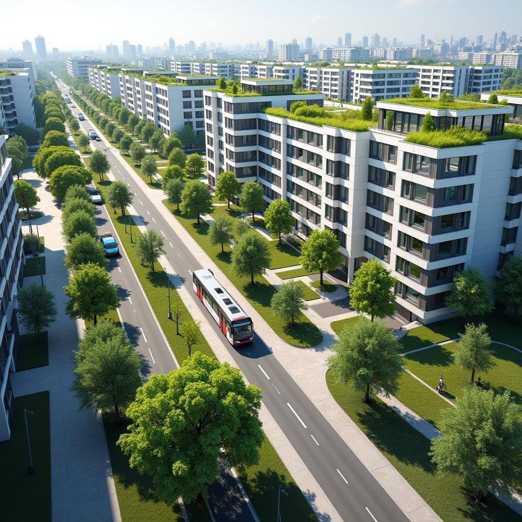 Sustainable urban development: modern city with green spaces, efficient public transport, and eco-friendly buildings.