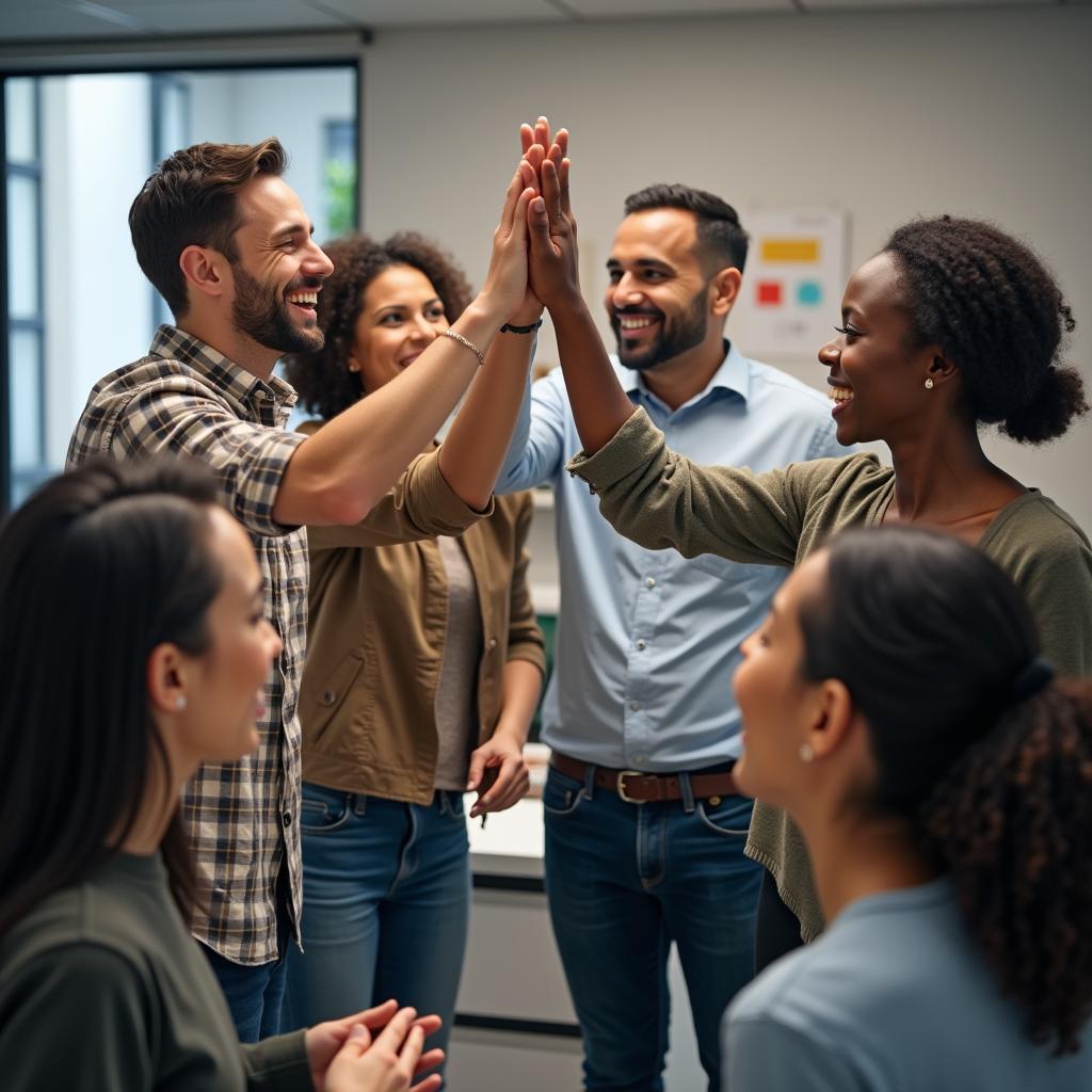 Diverse work team celebrating with high fives after successfully overcoming a challenging project together.