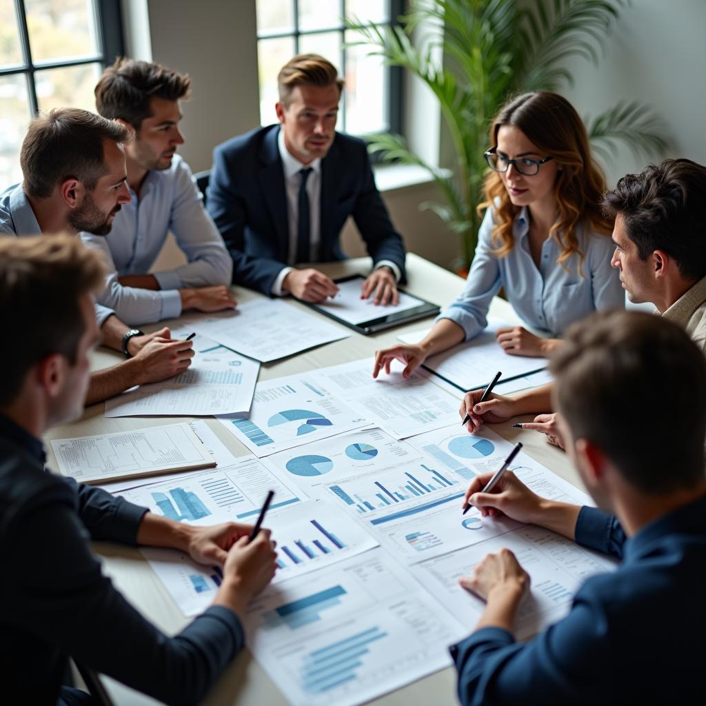 A diverse team in a meeting room carefully deliberating over charts and notes, representing thoughtful strategic decision-making.
