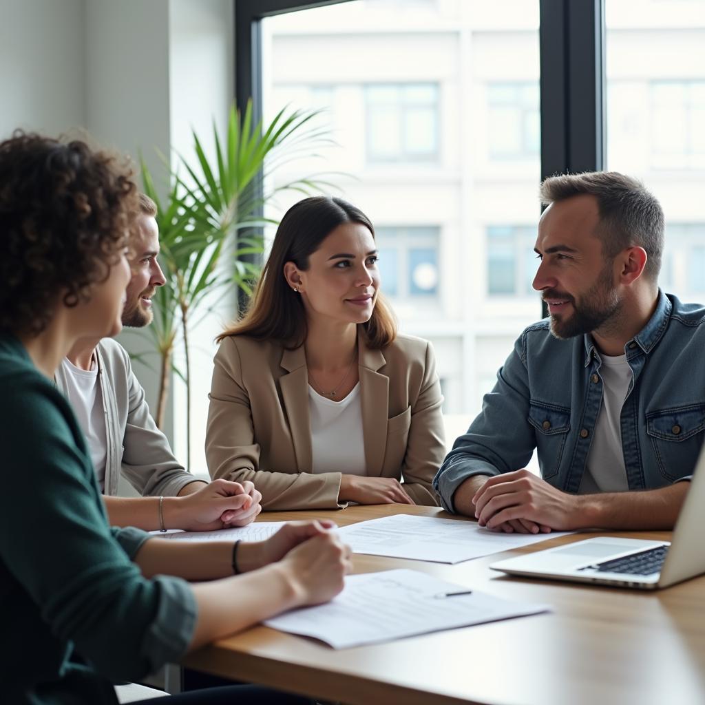 Diverse business team collaboratively resolving workplace conflict in a productive office meeting discussion.